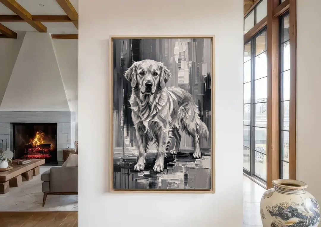 Black and White Golden Retriever Portrait canvas wall art in a living room with a fireplace