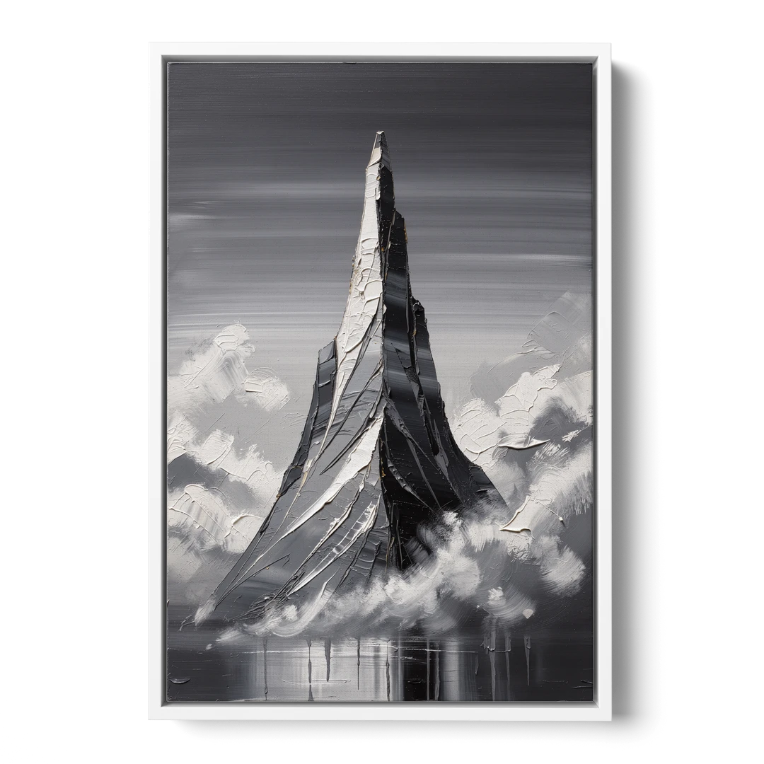 Black and White Granite Mountain Spire - White Framed Canvas Wall Art - Front