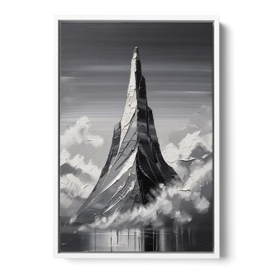 Black and White Granite Mountain Spire - White Framed Canvas Wall Art - Front