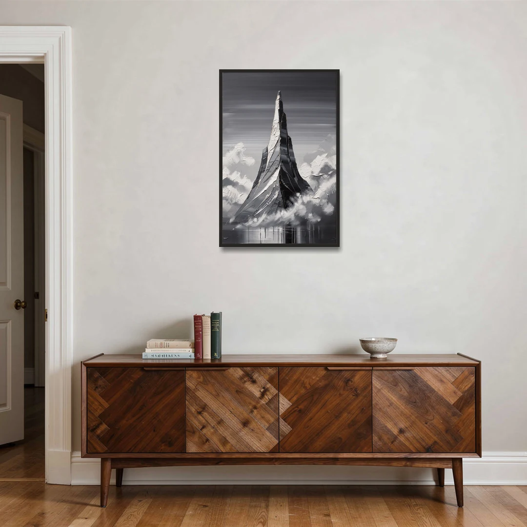 Black and White Granite Mountain Spire - Black Framed Canvas Wall Art - Coffee Table - 24x36