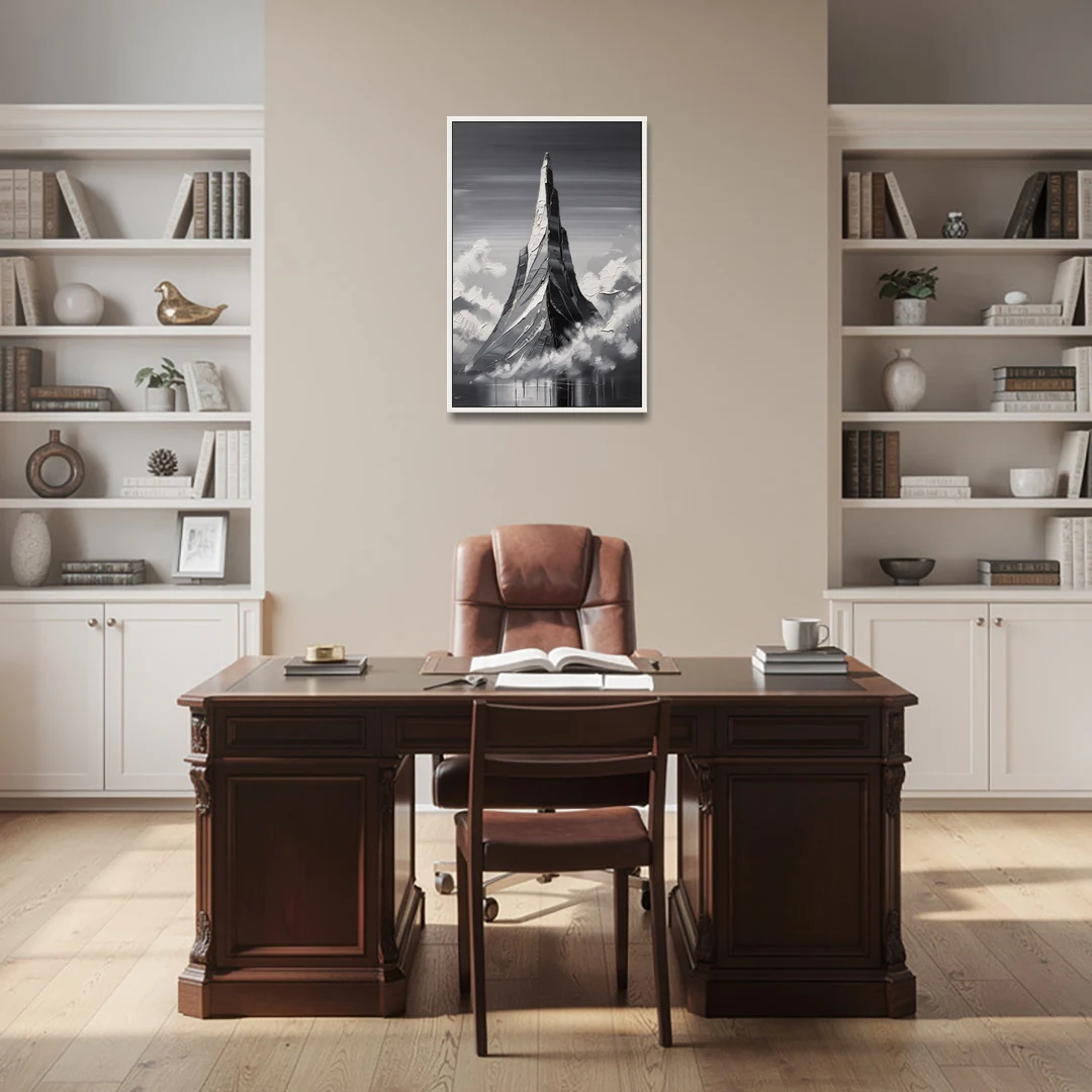 Black and White Granite Mountain Spire - White Framed Canvas Wall Art - Office - 24x36