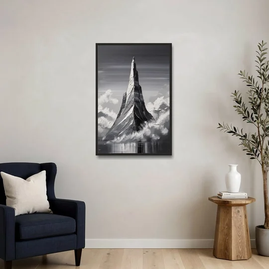 Black and White Granite Mountain Spire - Black Framed Canvas Wall Art - Sofa - 24x36