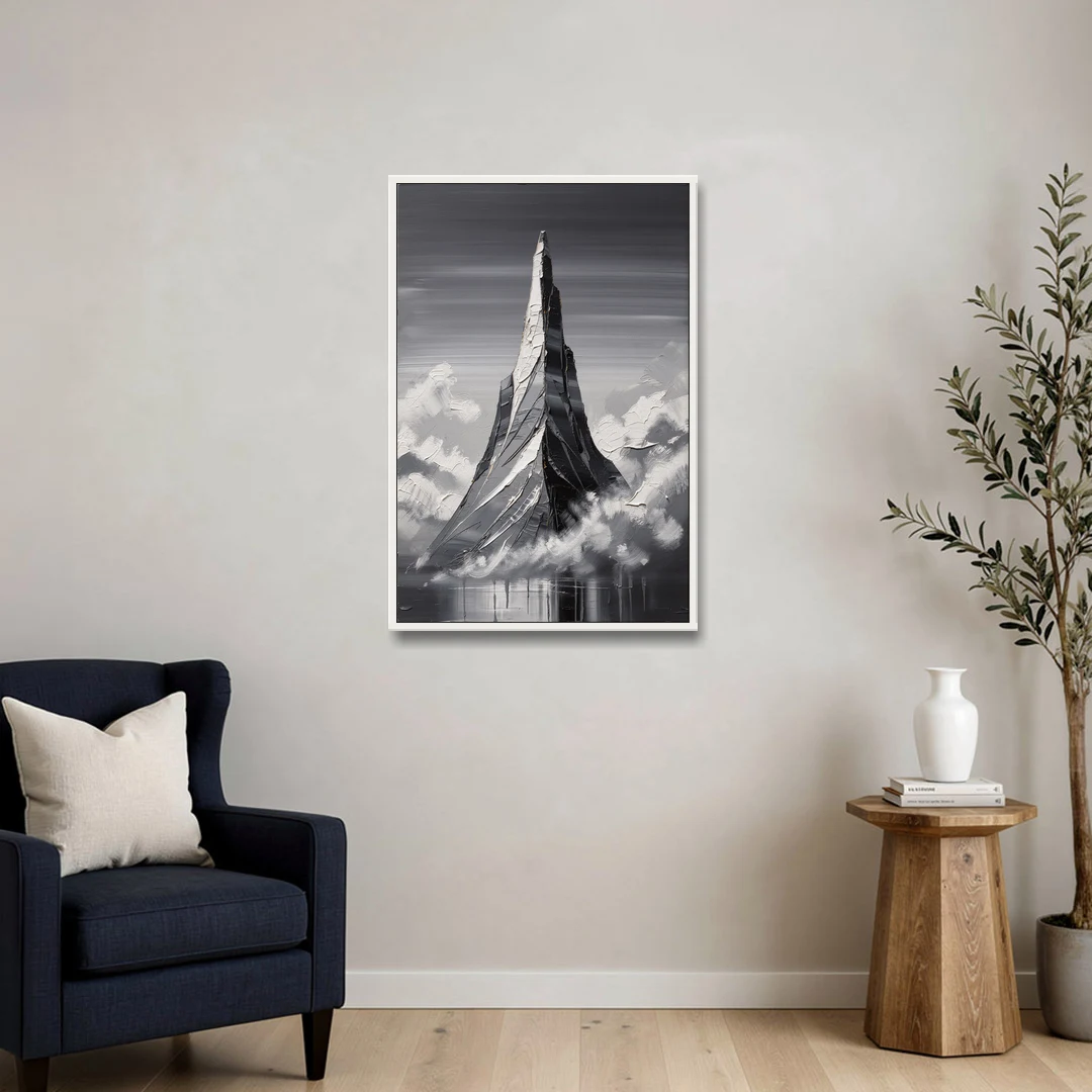 Black and White Granite Mountain Spire - White Framed Canvas Wall Art - Sofa - 24x36