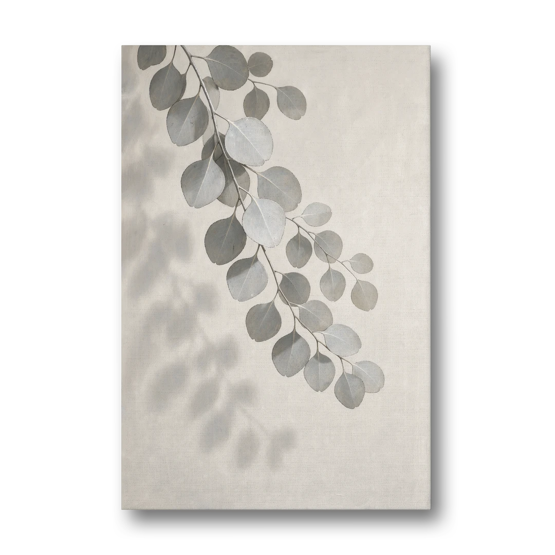 Black and White Hanging Eucalyptus Branch - Canvas Wall Art - Front