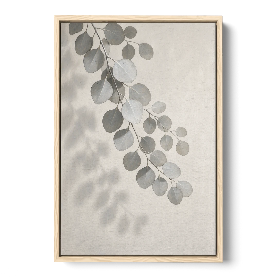 Black and White Hanging Eucalyptus Branch - Oak Framed Canvas Wall Art - Front