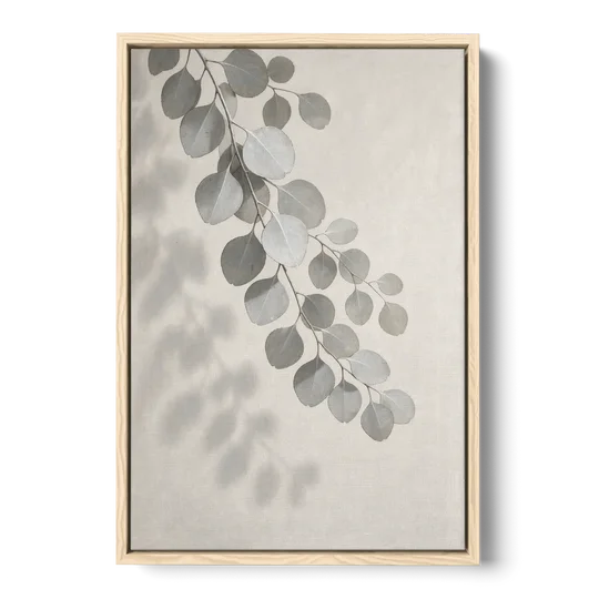 Black and White Hanging Eucalyptus Branch - Oak Framed Canvas Wall Art - Front
