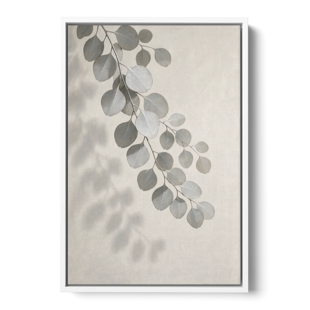 Black and White Hanging Eucalyptus Branch - White Framed Canvas Wall Art - Front