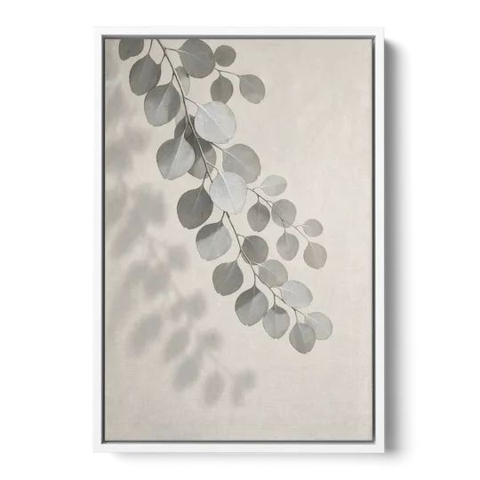 Black and White Hanging Eucalyptus Branch - White Framed Canvas Wall Art - Front
