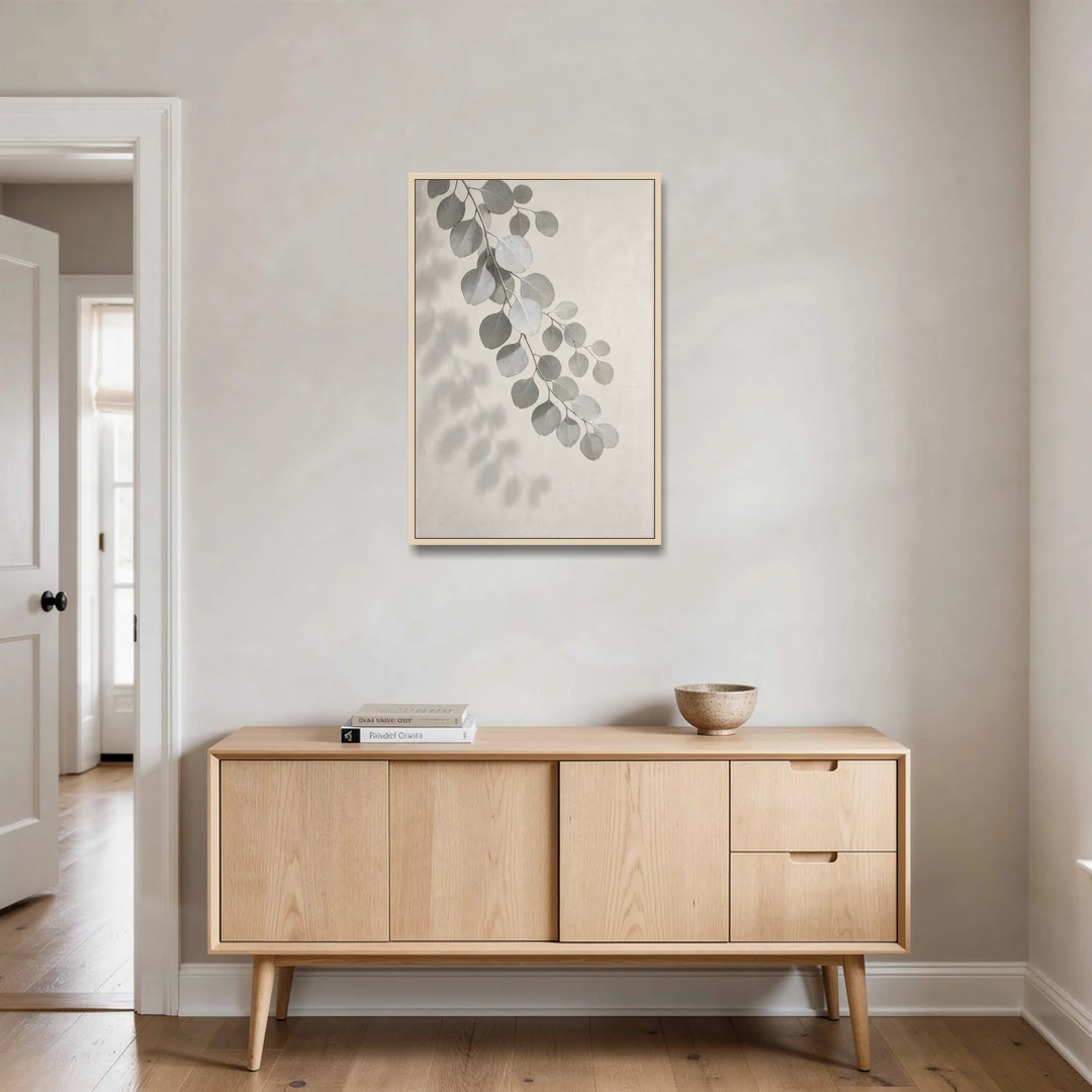 Black and White Hanging Eucalyptus Branch - Oak Framed Canvas Wall Art - Coffee Table - 24x36