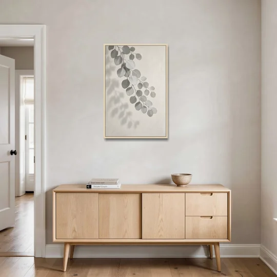 Black and White Hanging Eucalyptus Branch - Oak Framed Canvas Wall Art - Coffee Table - 24x36