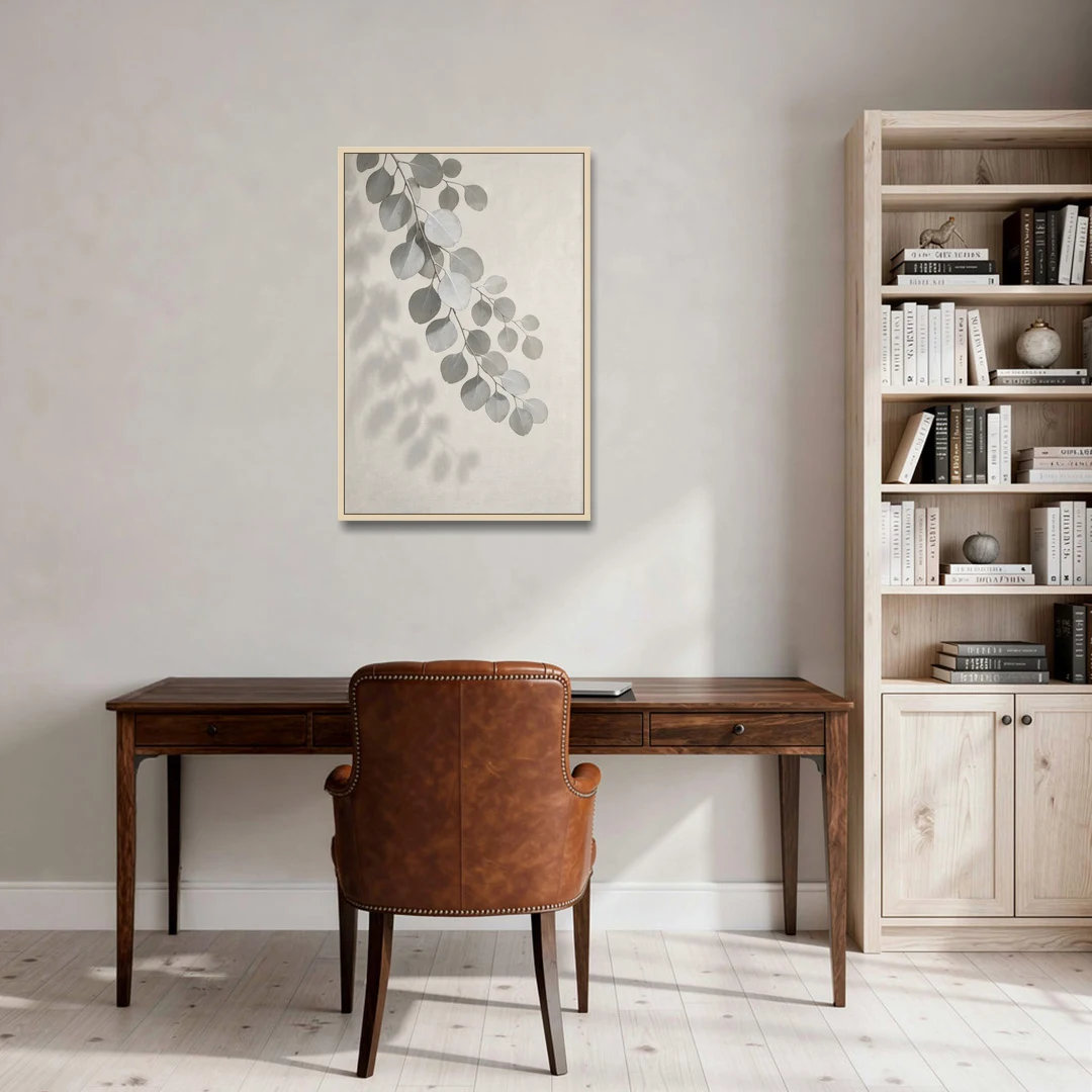 Black and White Hanging Eucalyptus Branch - Oak Framed Canvas Wall Art - Office - 24x36