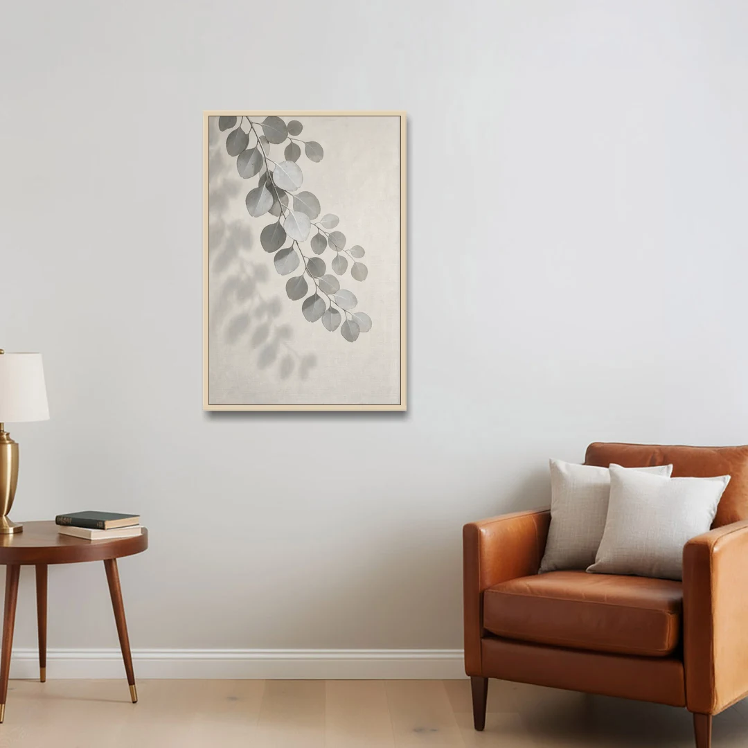 Black and White Hanging Eucalyptus Branch - Oak Framed Canvas Wall Art - Sofa - 24x36