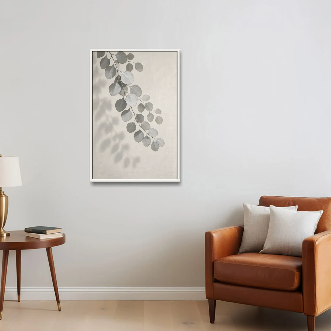 Black and White Hanging Eucalyptus Branch - White Framed Canvas Wall Art - Sofa - 24x36