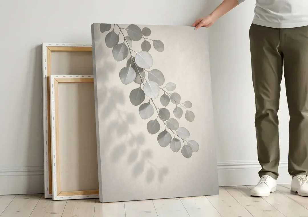 Black and White Hanging Eucalyptus Branch canvas wall art leaning against a wall next to blank canvases