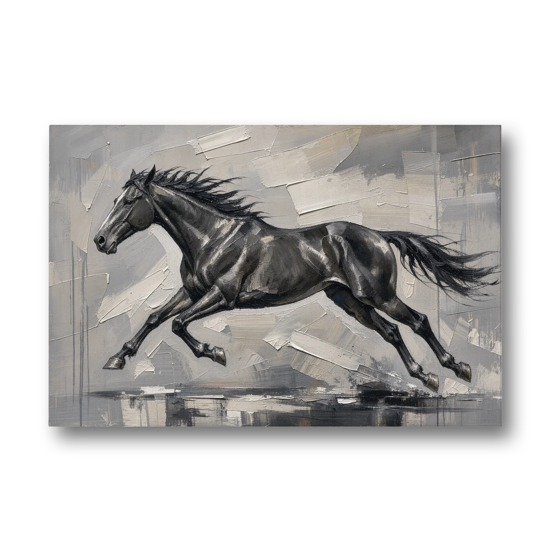 Black and White Horse Painting in Full Stride - Canvas Wall Art - Front