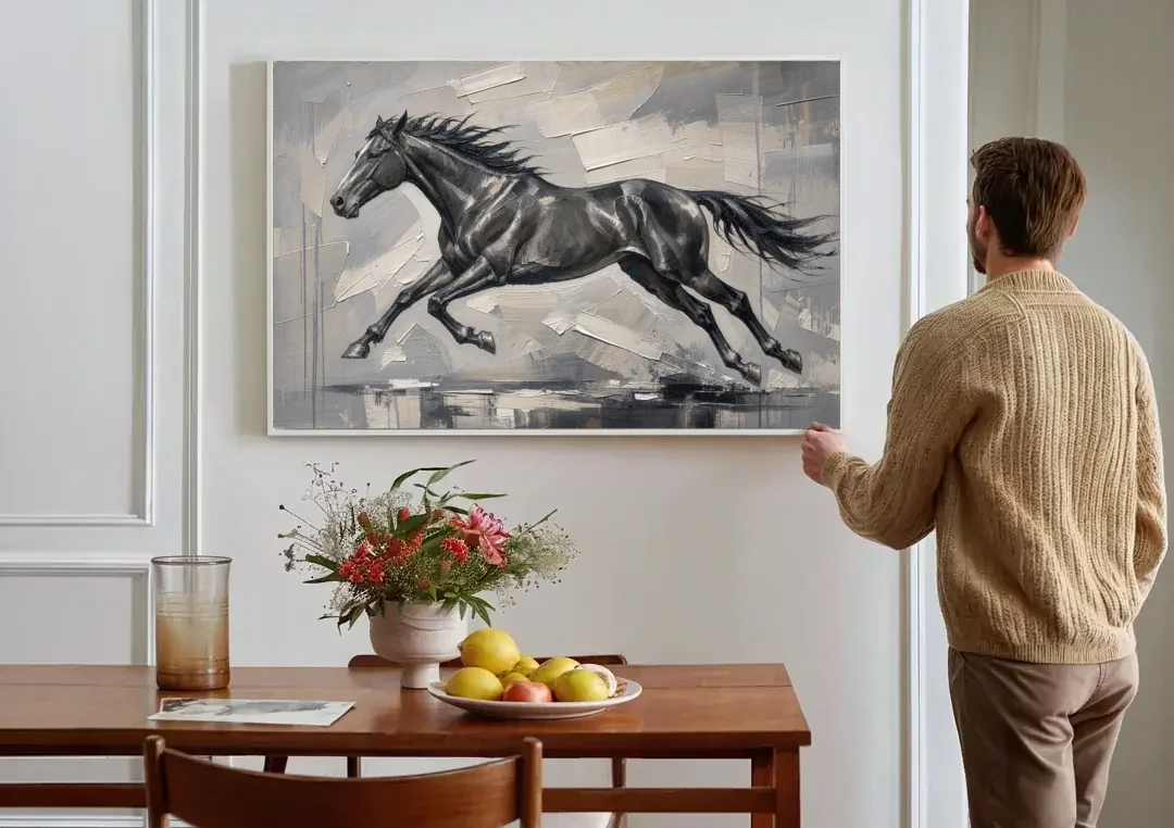 Black and White Horse Painting in Full Stride canvas wall art above a dining table