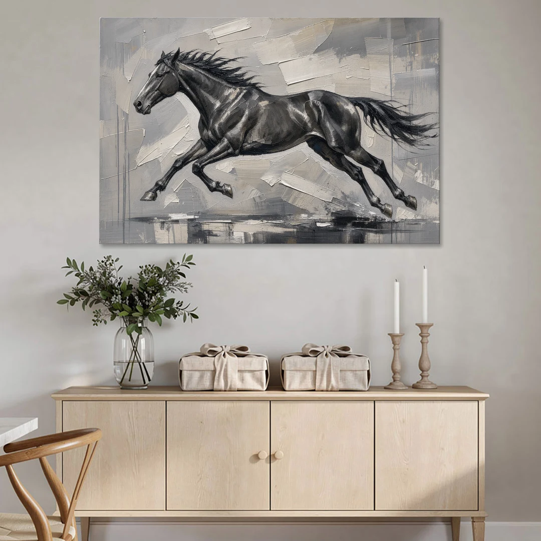 Black and White Horse Painting in Full Stride - Canvas Wall Art - Coffee Table - 60x40