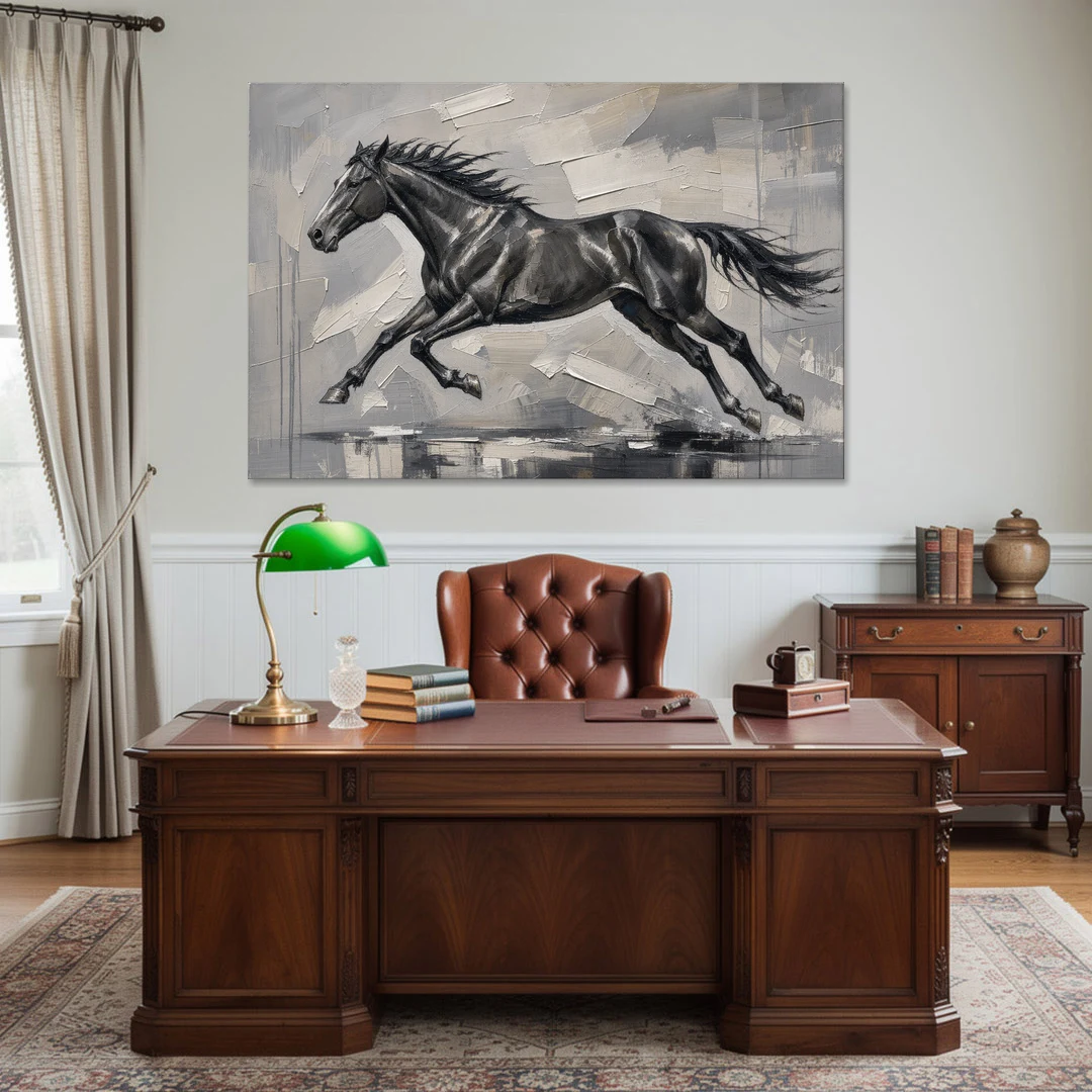Black and White Horse Painting in Full Stride - Canvas Wall Art - Office - 60x40