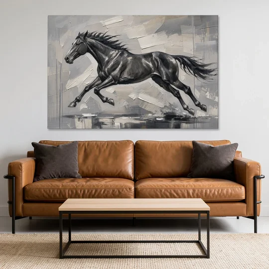 Black and White Horse Painting in Full Stride - Canvas Wall Art - Sofa - 60x40