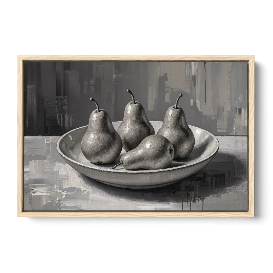 Black and White Kitchen Wall Art of Four Pears - Oak Framed Canvas Wall Art - Front