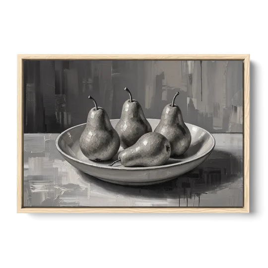 Black and White Kitchen Wall Art of Four Pears - Oak Framed Canvas Wall Art - Front