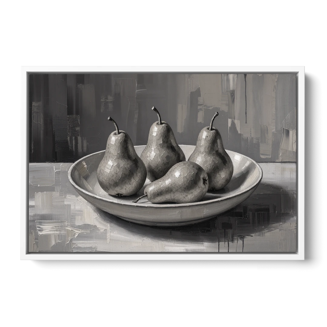 Black and White Kitchen Wall Art of Four Pears - White Framed Canvas Wall Art - Front