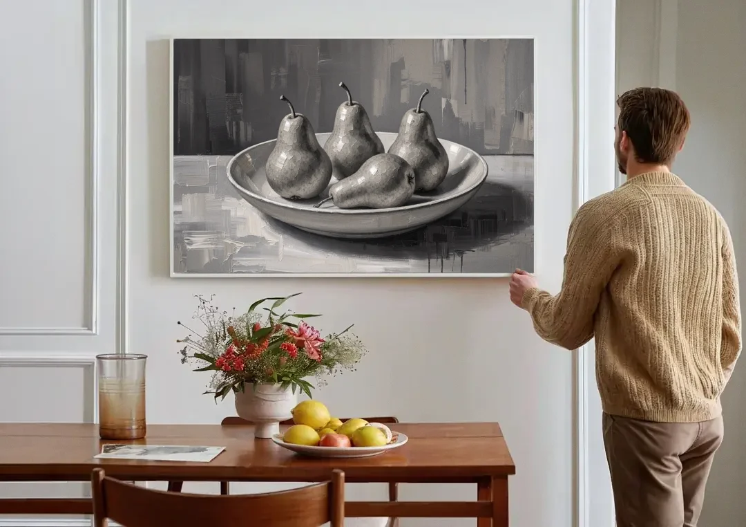 Black and White Kitchen Wall Art of Four Pears canvas wall art above a dining table