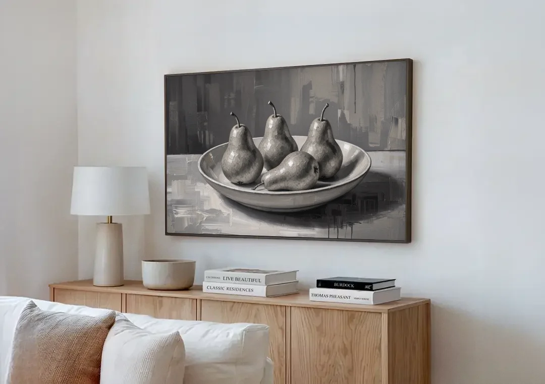 Black and White Kitchen Wall Art of Four Pears canvas wall art above a wooden sideboard next to a sofa