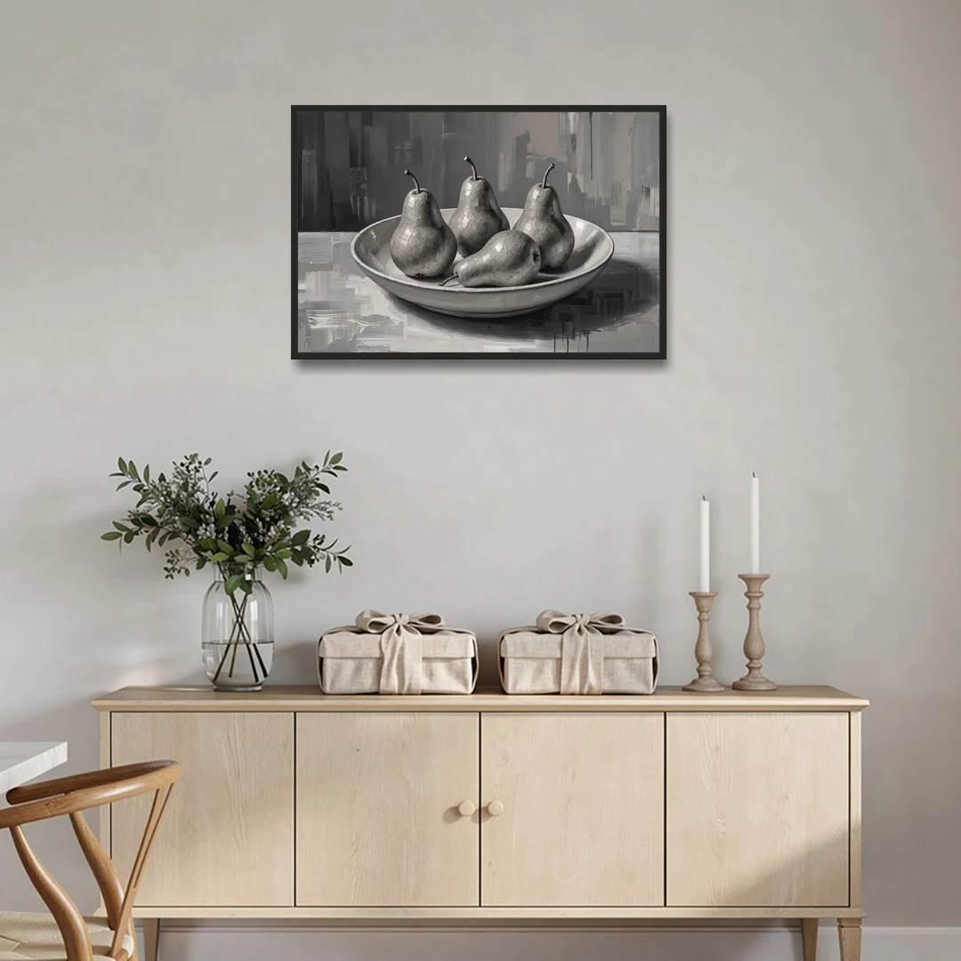 Black and White Kitchen Wall Art of Four Pears - Black Framed Canvas Wall Art - Coffee Table - 36x24