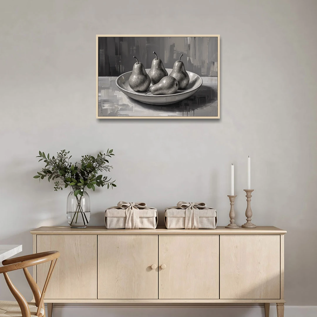 Black and White Kitchen Wall Art of Four Pears - Oak Framed Canvas Wall Art - Coffee Table - 36x24