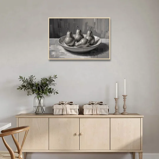Black and White Kitchen Wall Art of Four Pears - Oak Framed Canvas Wall Art - Coffee Table - 36x24