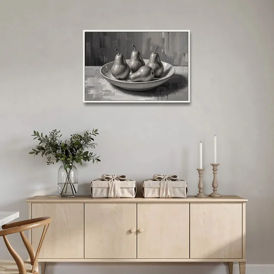 Black and White Kitchen Wall Art of Four Pears - White Framed Canvas Wall Art - Coffee Table - 36x24