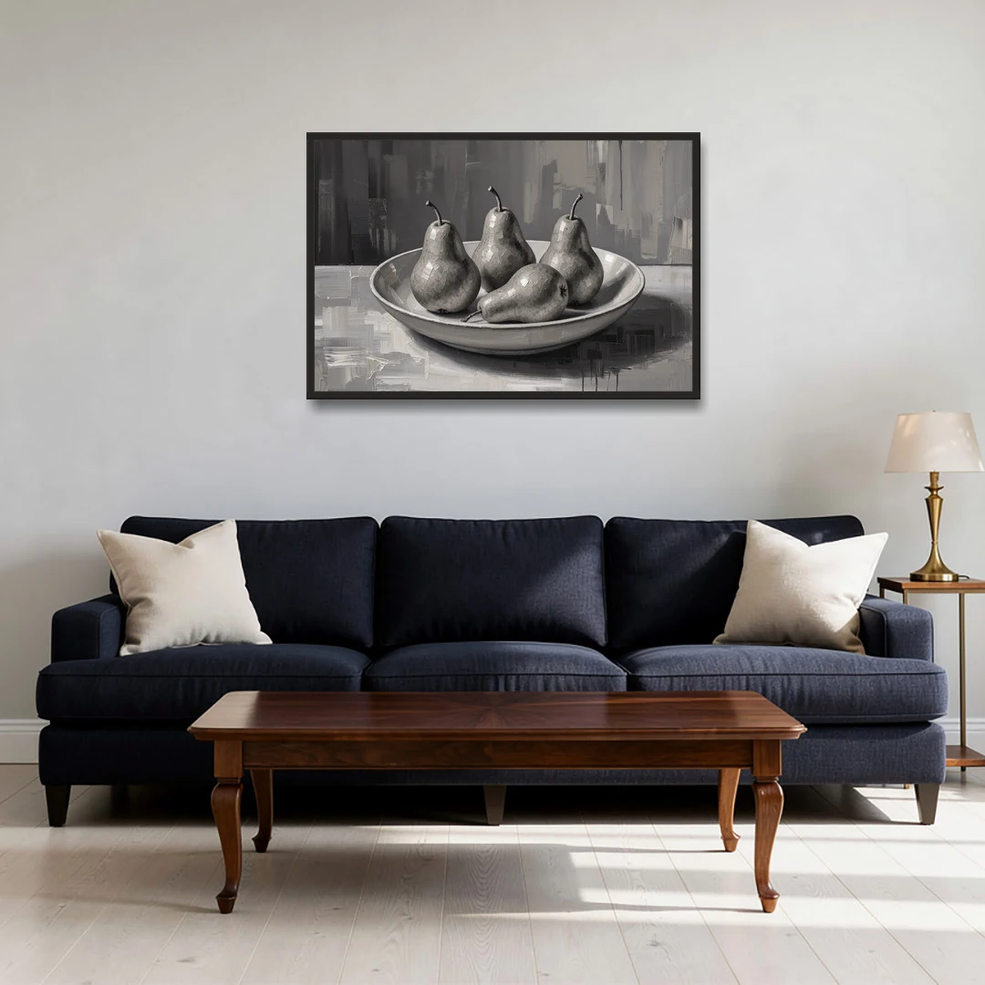 Black and White Kitchen Wall Art of Four Pears - Black Framed Canvas Wall Art - Sofa - 36x24