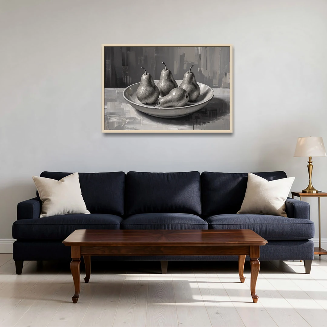 Black and White Kitchen Wall Art of Four Pears - Oak Framed Canvas Wall Art - Sofa - 36x24