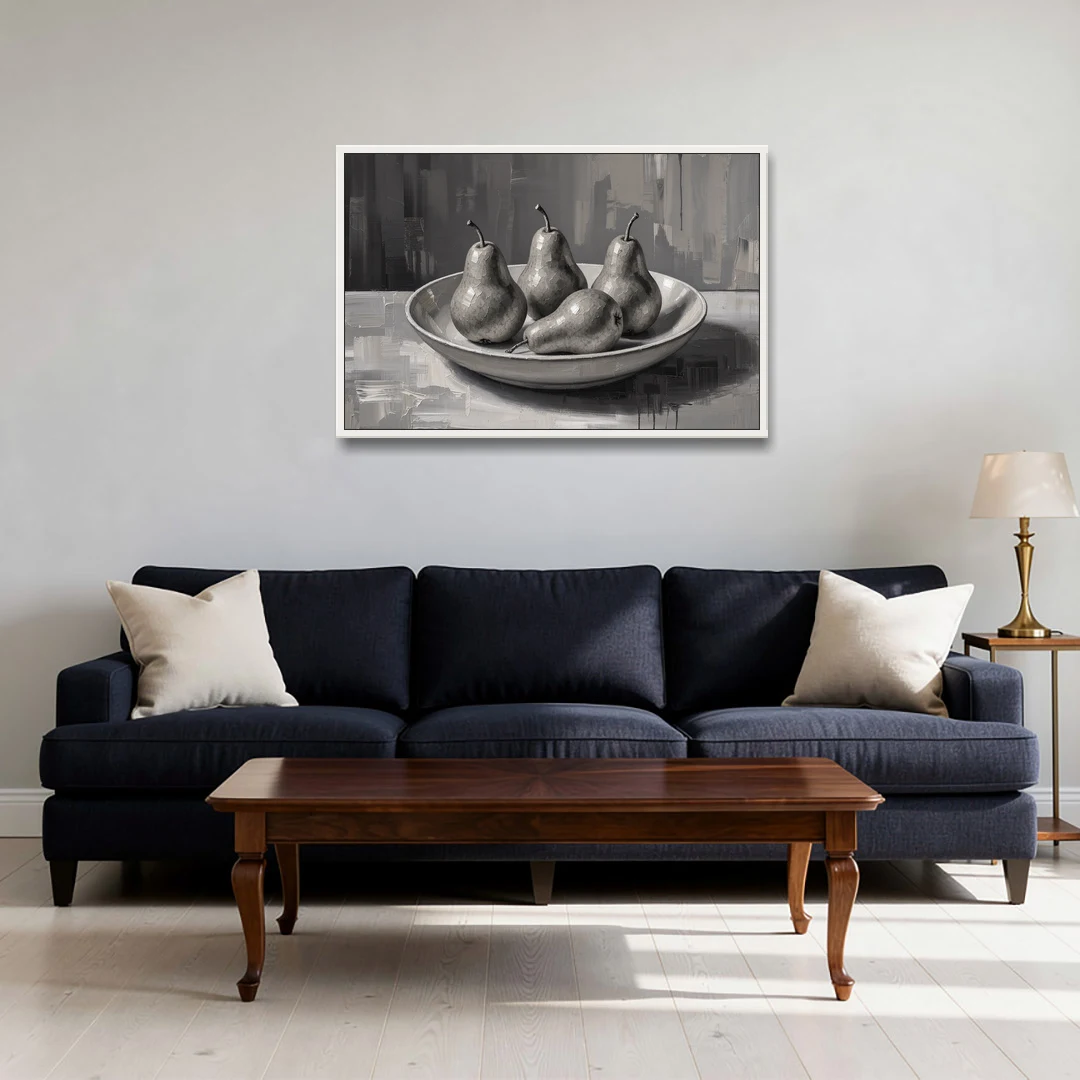 Black and White Kitchen Wall Art of Four Pears - White Framed Canvas Wall Art - Sofa - 36x24