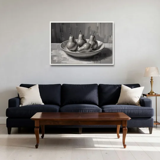 Black and White Kitchen Wall Art of Four Pears - White Framed Canvas Wall Art - Sofa - 36x24