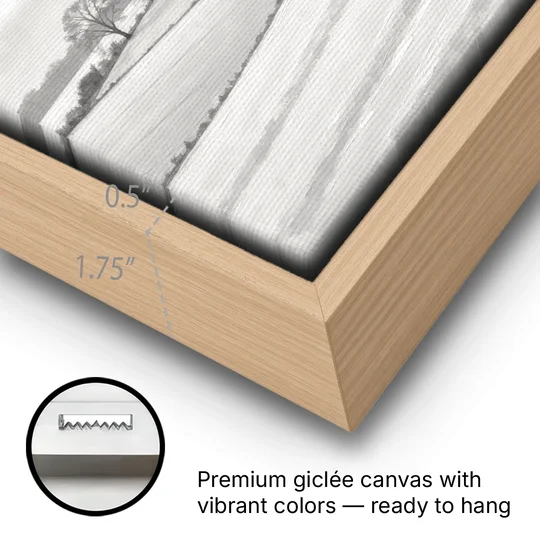 Black and White Landscape Painting of Snowy Fields - Oak Framed Canvas Wall Art - Gallery Wrap Corner