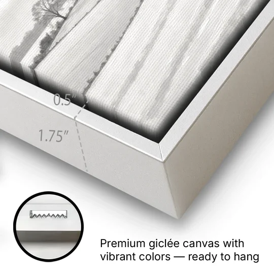 Black and White Landscape Painting of Snowy Fields - White Framed Canvas Wall Art - Gallery Wrap Corner