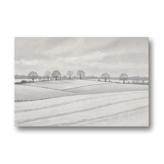 Black and White Landscape Painting of Snowy Fields - Canvas Wall Art - Front