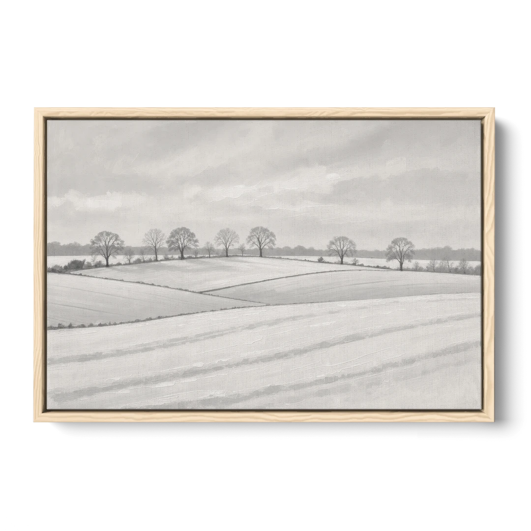Black and White Landscape Painting of Snowy Fields - Oak Framed Canvas Wall Art - Front