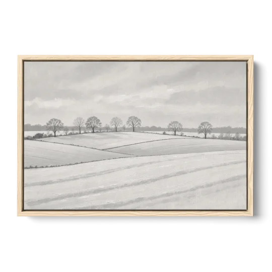 Black and White Landscape Painting of Snowy Fields - Oak Framed Canvas Wall Art - Front