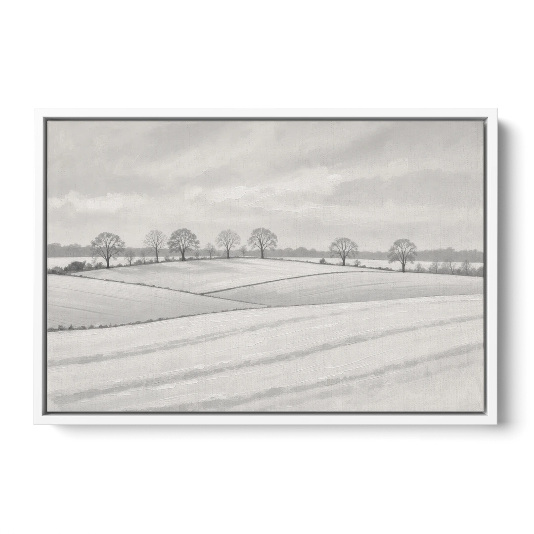 Black and White Landscape Painting of Snowy Fields - White Framed Canvas Wall Art - Front