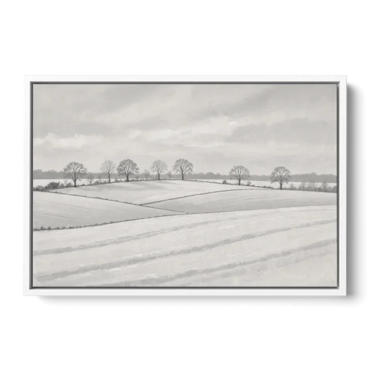 Black and White Landscape Painting of Snowy Fields - White Framed Canvas Wall Art - Front
