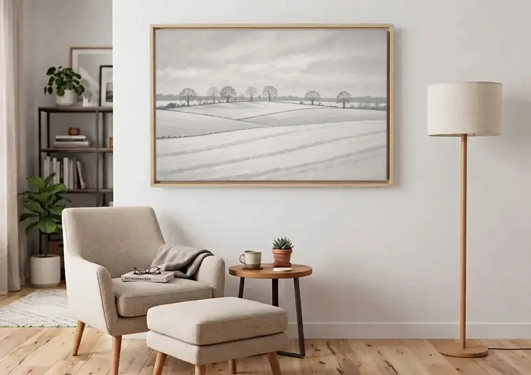 Black and White Landscape Painting of Snowy Fields canvas wall art above an armchair in a bright living room