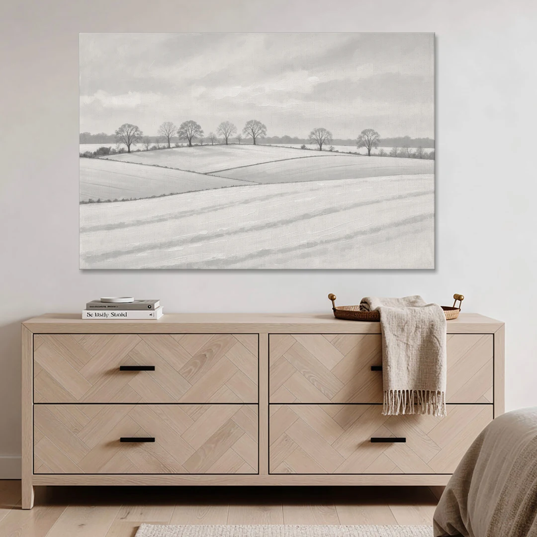 Black and White Landscape Painting of Snowy Fields - Canvas Wall Art - Coffee Table - 60x40