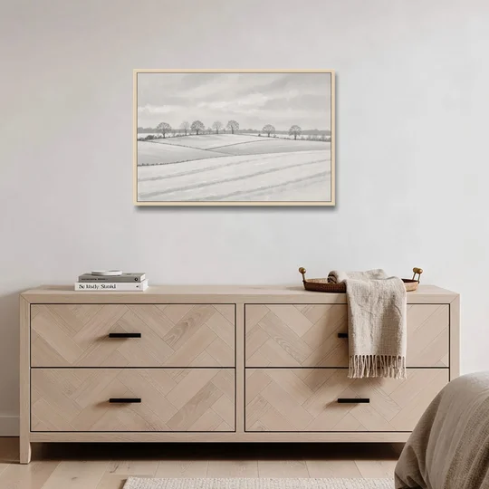 Black and White Landscape Painting of Snowy Fields - Oak Framed Canvas Wall Art - Coffee Table - 36x24