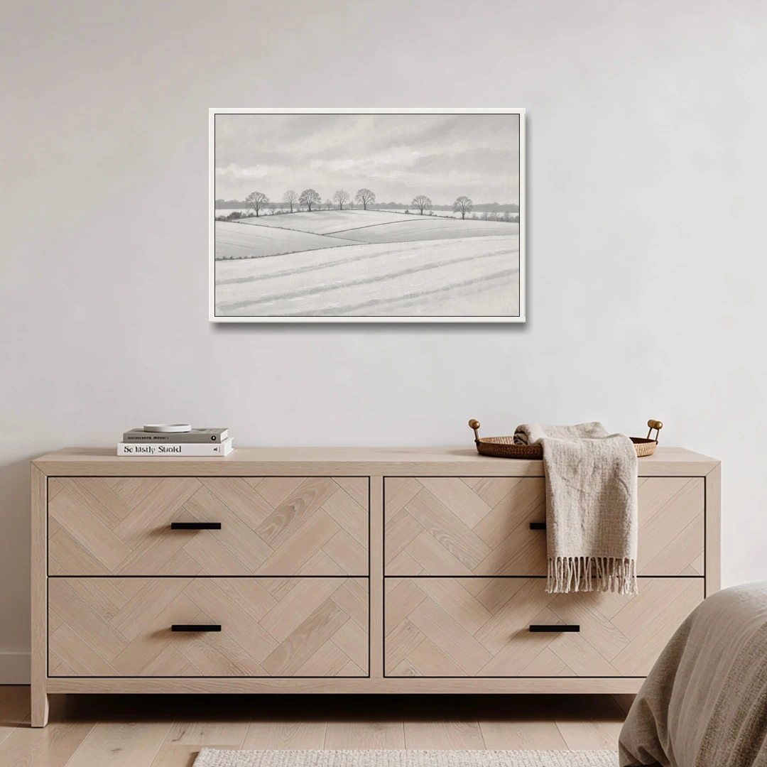 Black and White Landscape Painting of Snowy Fields - White Framed Canvas Wall Art - Coffee Table - 36x24