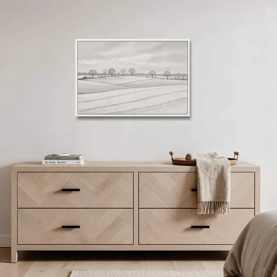 Black and White Landscape Painting of Snowy Fields - White Framed Canvas Wall Art - Coffee Table - 36x24