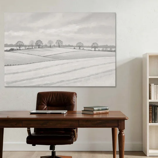 Black and White Landscape Painting of Snowy Fields - Canvas Wall Art - Office - 60x40