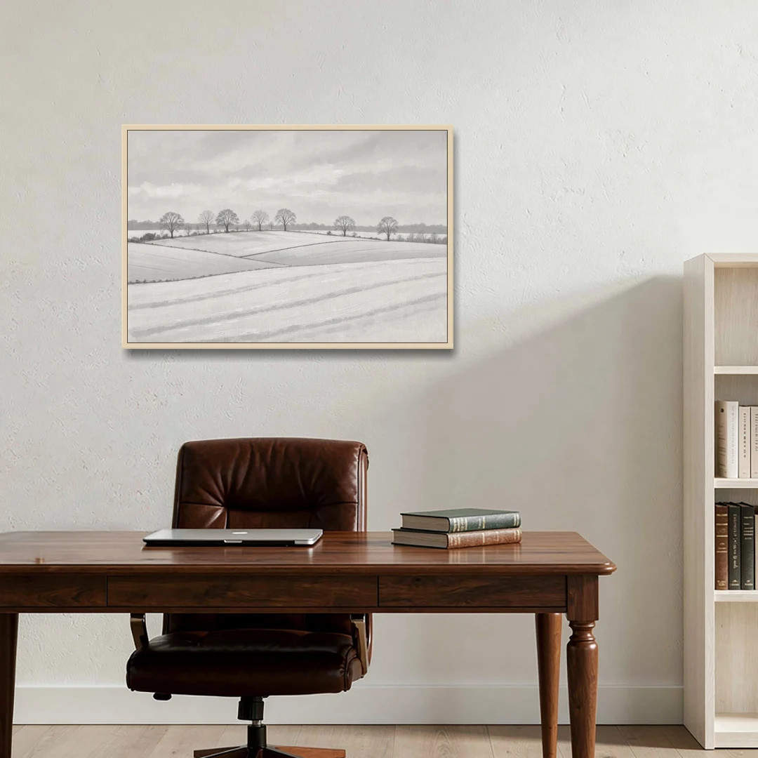 Black and White Landscape Painting of Snowy Fields - Oak Framed Canvas Wall Art - Office - 36x24